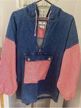 Vintage Denim  early 90s Hoodie /Pullover with Red & White Striped Sleeves